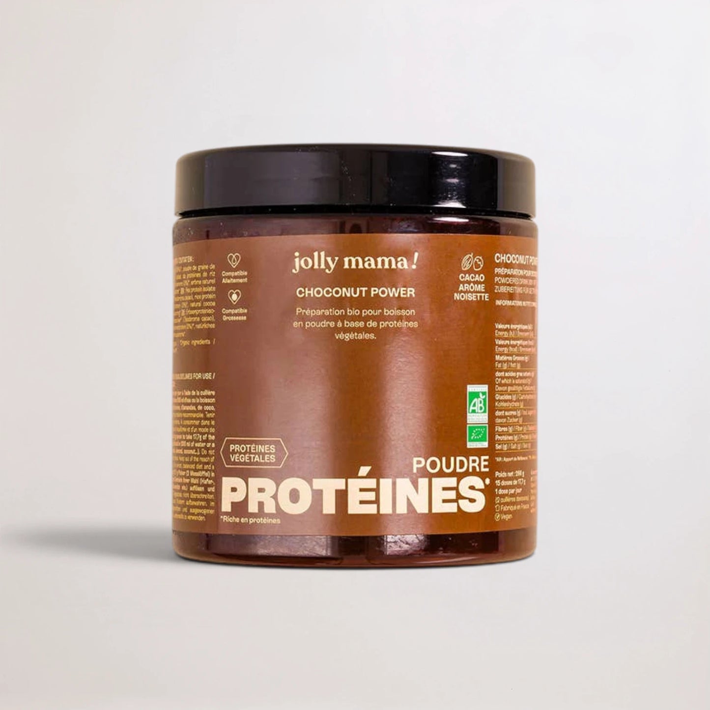 Organic plant protein powder with cocoa and hazelnut flavor